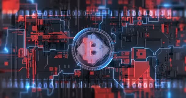 Kryptowährung Bitcoin Blockchain Symbol Digitales Verschlüsselungsnetzwerk Auf Leiterplatte Video Futuristische — Stockvideo