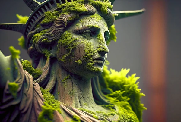 Statue Liberty Grow Moss Restored Ecosystem Planet Environment Balance Backdrop Stock Image