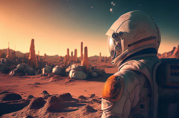 Astronauta Marte Che Ritorna Sullo Sfondo Della Base Ricerca Spaziale Foto Stock