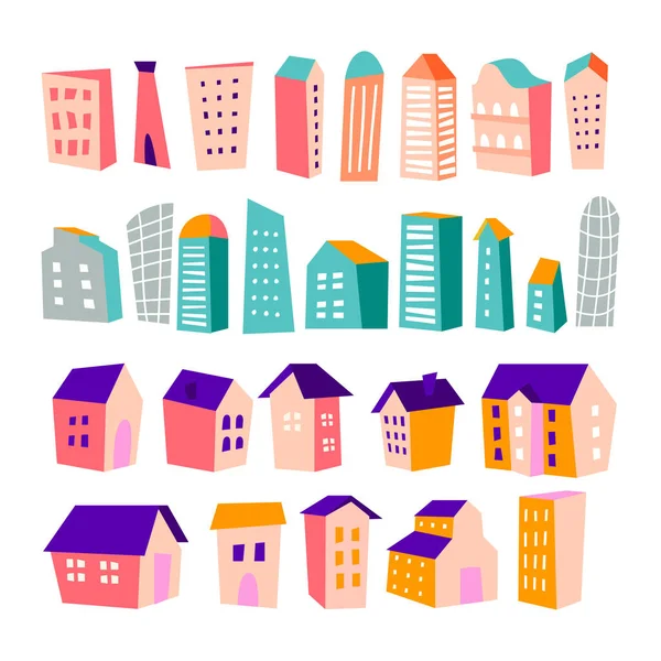 Cartoon Bunte Reihe Von Gebäuden Vektor Haus Illustrationen Isoliert Stadtbild — Stockvektor