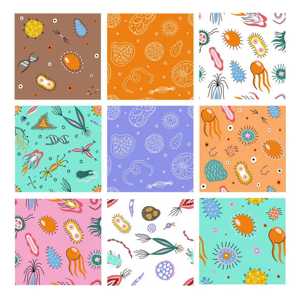 Цветной Медицинский Бесшовный Рисунок Милыми Каракулями Бактерий Микробов Днк Сером — стоковый вектор