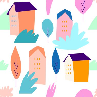 Renkli karalamalar, beyaz arka planda binalar, çalılar ve ağaçlar olan kusursuz bir desen. Modern, şirin duvar tasarımı