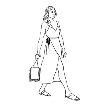 Beyaz arka plan minimalizm tasarımında izole edilmiş yaz kıyafeti ve çanta modası olan bir kız çizimi. Vektör illüstrasyonu