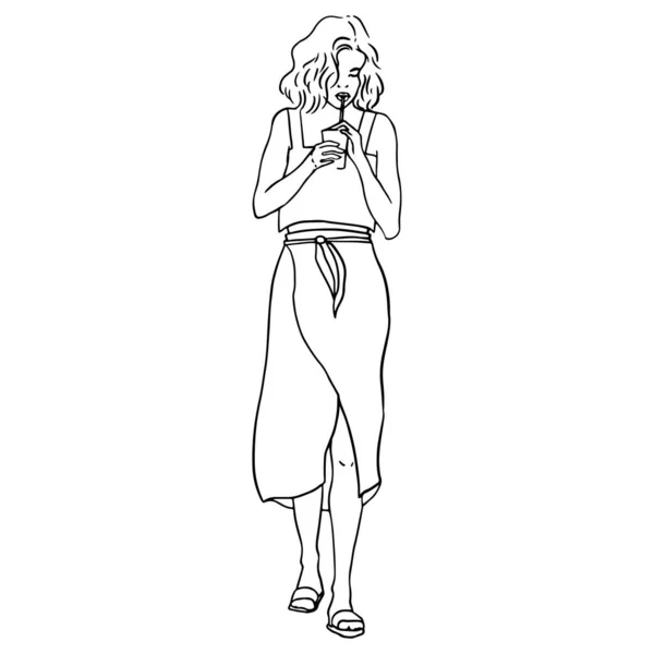 Illustration Art Linéaire Une Femme Marchant Avec Une Boisson Glacée — Image vectorielle