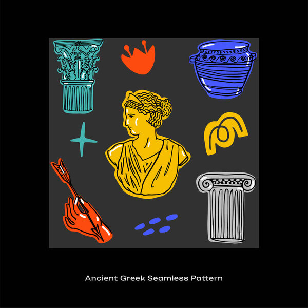 Древняя греческая Рука нарисовала бесшовный узор. Чёрный вектор