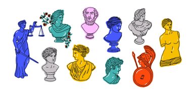 Renkli antik Yunan heykelleri seti. Vektör illüstrasyonu