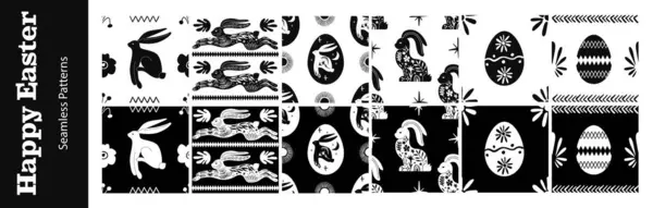 Siyah ve Beyaz Festivalci Mutlu Paskalya Tavşanı Kusursuz Desen seti. Vektör illüstrasyonu