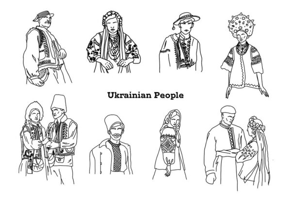 Черные линейные славяне в украинских народных костюмах. Векторная иллюстрация