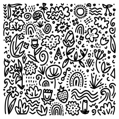 Siyah ve Beyaz Doodle Vektör Çiçek Örnekleri. Vektör illüstrasyonu