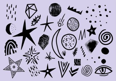 Siyah ve beyaz karalama galaksisi elementleri. Vektör illüstrasyonu