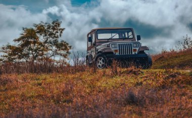 Bulutlu bir gökyüzünün altında çimenli bir tepeye park edilmiş bir arazi aracı..