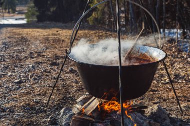 Buğulanmış demir tencere kırsal bir orman ortamında kamp ateşi üzerinde pişiyor..