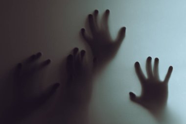 Ellerin siluetleri şeffaf bir yüzeyde dinleniyor. Gizem ve huzursuzluk hissi uyandırıyor. Bu resim ürkütücü ve sanatsal bir tasviri yakalar, gerilim, korku teması veya sanatsal ifade ile ilgili projeler için mükemmeldir. Yumuşak çakmak