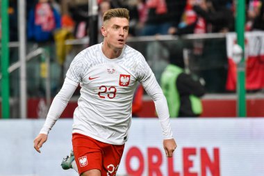 WARSZAWA, POLAND - 16 Kasım 2022: Futbol dostu maç Polonya ve Şili 1: 0. Krzysztof Piatek gol attıktan sonra sevinç içinde.