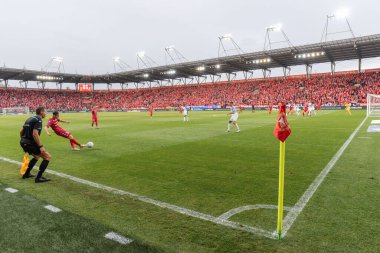 LODZ, POLAND - OCTOBER 16, 2022: Football match Polish PKO Ekstraklasa between Widzew Lodz vs KGHM Zaglebie Lubin 3:0. Corner of the pitch.