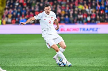 PRAG, CZECH REPUBLIC - 24 Mart 2023: UEFA Euro 2024 elemeleri. Maç Çek Cumhuriyeti - Polonya 3: 1. Aslında Robert Lewandowski.