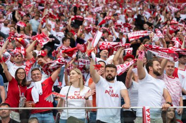 WARsaw, POLAND - 16 Haziran 2023 Polonya-Almanya maçı 1: 0. Polonya 'nın destekçileri.