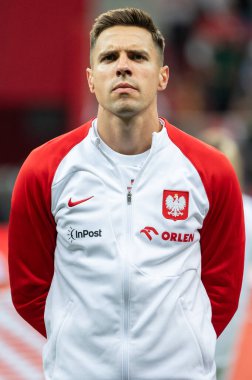 WARsaw, POLAND - 16 Haziran 2023 Polonya-Almanya maçı 1: 0. Marş sırasında Jan Bednarek.