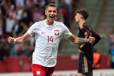 WARsaw, POLAND - 16 Haziran 2023 Polonya-Almanya maçı 1: 0. Jakub Kiwior gol attıktan sonra seviniyor.