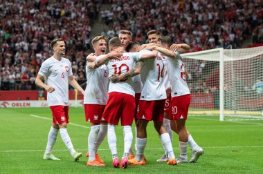 WARsaw, POLAND - 16 Haziran 2023 Polonya-Almanya maçı 1: 0. Polonya takımı gol attıktan sonra seviniyor.