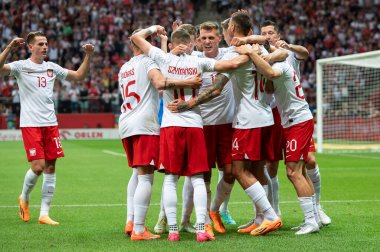 WARsaw, POLAND - 16 Haziran 2023 Polonya-Almanya maçı 1: 0. Polonya takımı gol attıktan sonra seviniyor.