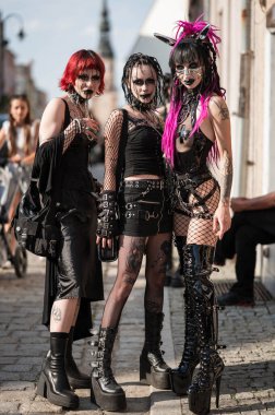 BOLKOW, POLAND - JULY 14, 2023: An unidentified participants of the Castle Party on the street in town. Castle Party is a dark independent festival.