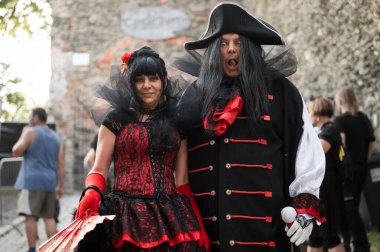 BOLKOW, POLAND - JULY 14, 2023: An unidentified participants of the Castle Party on the street in town. Castle Party is a dark independent festival.