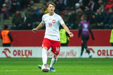 WARsaw, POLAND - 17 Kasım 2023: 2024 UEFA Euro 2024 elemeleri. Polonya - Çek Cumhuriyeti 1: 1. Eylemde Patryk Peda.