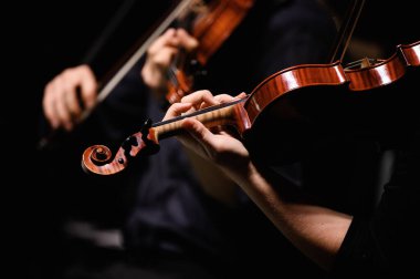 Bir orkestra konseri sırasında bir kemanın ayrıntıları