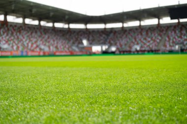 Güneşli bahar gününde futbol stadyumunda çimenler
