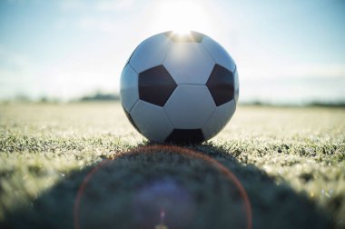 Futbol sahasında çimlerin üzerinde yatan beyaz futbol topu.