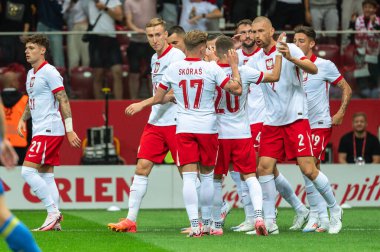 WARsaw, POLAND - 7 Haziran 2024 Polonya - Ukrayna 3: 1. Polonya 'nın Joy takımı gol attıktan sonra.