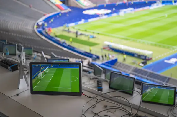 stock image Commentary stations with monitors in the football stadium