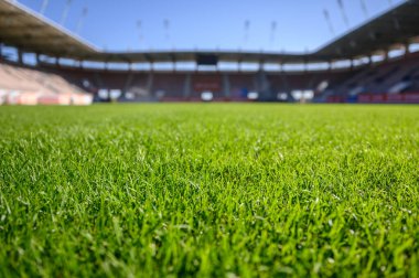 Güneşli yaz gününde futbol stadyumunda çimenler