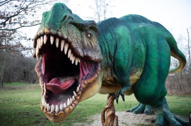LUBIN, POLAND - 31 Aralık 2023 Park Wroclawski 'deki dinozor Tyranosaurus Rex' in gerçekçi modeli. Park, Polonya 'nın bu bölgesindeki çocuklar için iyi bilinen bir turizm merkezi..