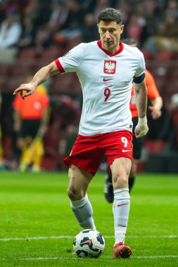 WARsaw, POLAND - 21 Mart 2025 FIFA Dünya Şampiyonası elemeleri 2026. Polonya - Litvanya 1: 0. Aslında Robert Lewandowski.