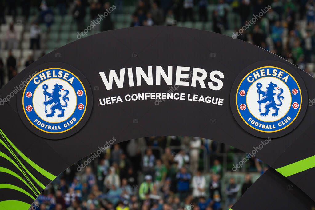 WROCLAW, POLAND - MAY 28,  2025: UEFA Conference League Final Football match Real Betis - Chelsea 1:4. Black board with logos Chelsea and text Winners UEFA Conference League.