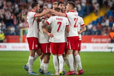 CHORZOW, POLAND - 6 Haziran 2025: dostane eşleşme Polonya - Moldova. Polonya gol takımı attıktan sonra sevinç.
