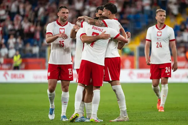 CHORZOW, POLAND - 6 Haziran 2025: dostane eşleşme Polonya - Moldova. Polonya gol takımı attıktan sonra sevinç.
