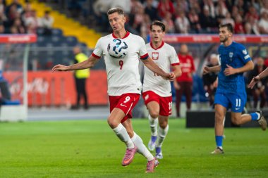 CHORZOW; POLAND - 7 Eylül 2025: FIFA 2026 elemeleri. Futbol maçı Polonya 'ya karşı Finlandiya. Robert Lewandowski.