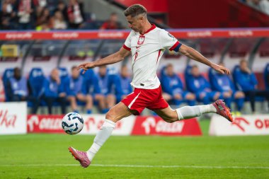 CHORZOW; POLAND - 7 Eylül 2025: FIFA 2026 elemeleri. Futbol maçı Polonya 'ya karşı Finlandiya. Robert Lewandowski.
