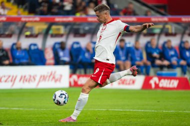 CHORZOW; POLAND - 7 Eylül 2025: FIFA 2026 elemeleri. Futbol maçı Polonya 'ya karşı Finlandiya. Robert Lewandowski.