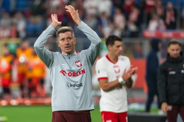 CHORZOW; POLAND - 7 Eylül 2025: FIFA 2026 elemeleri. Futbol maçı Polonya 'ya karşı Finlandiya. Robert Lewandowski maçtan sonra çok mutlu..