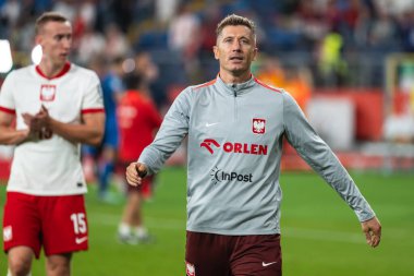 CHORZOW; POLAND - 7 Eylül 2025: FIFA 2026 elemeleri. Futbol maçı Polonya 'ya karşı Finlandiya. Robert Lewandowski maçtan sonra çok mutlu..