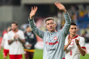 CHORZOW; POLAND - 7 Eylül 2025: FIFA 2026 elemeleri. Futbol maçı Polonya 'ya karşı Finlandiya. Robert Lewandowski maçtan sonra çok mutlu..