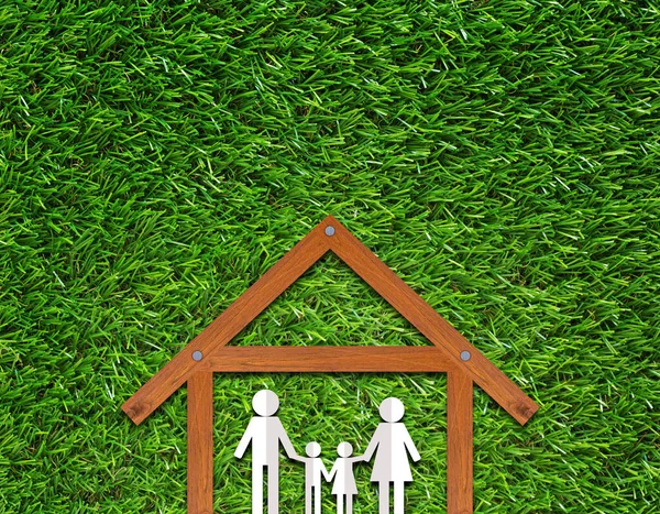 Insurance Concept Security Life Family Wooden House Green Grass Background — Stock Photo, Image