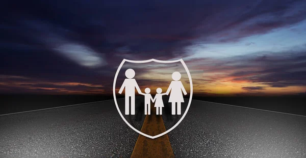 Conceito Seguro Vida Segurança Família Escudo Fundo Estrada Imagens Royalty-Free