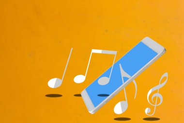 Müzik akışı konsepti, cep telefonu ve sarı arka plandaki müzik notası