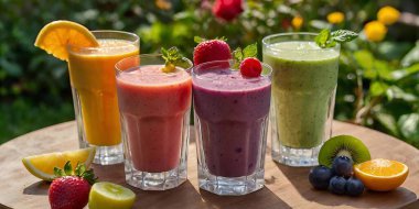 Çeşitli renklendirici kokteyller. Bahçedeki ahşap masada uzun bardaklarda taze meyve suyu.. 