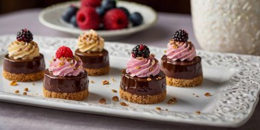 Üstünde ahududu ve böğürtlen olan kremalı ve çikolatalı pasta. 